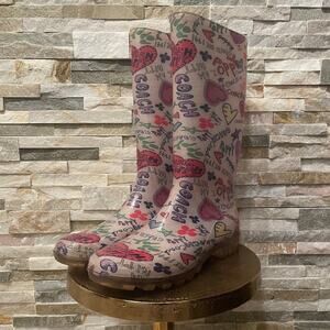 Coach Poppy Size 11 Rain Boots | Rare Graffiti Logo Print, Vibrant Colors